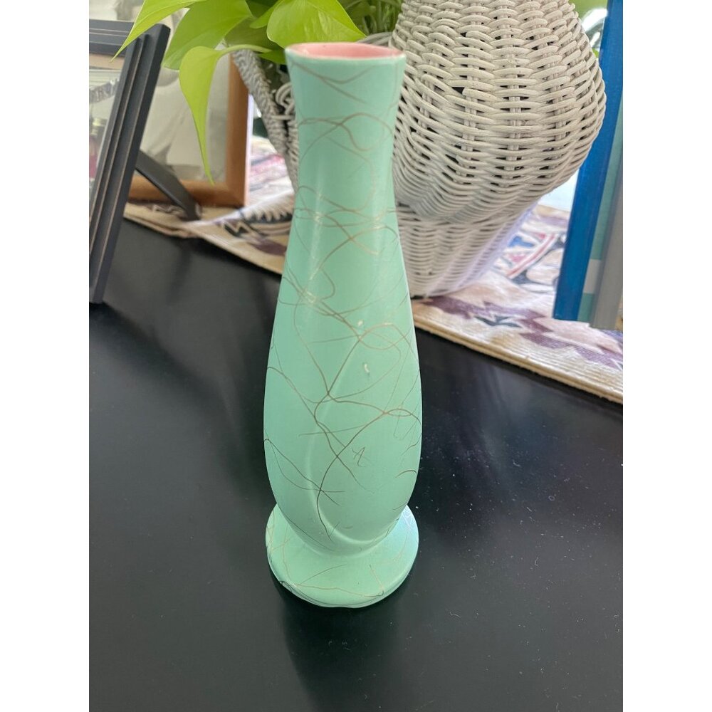 USA Mid Century Spaghetti Silver Swirl Turquoise Bud Vase